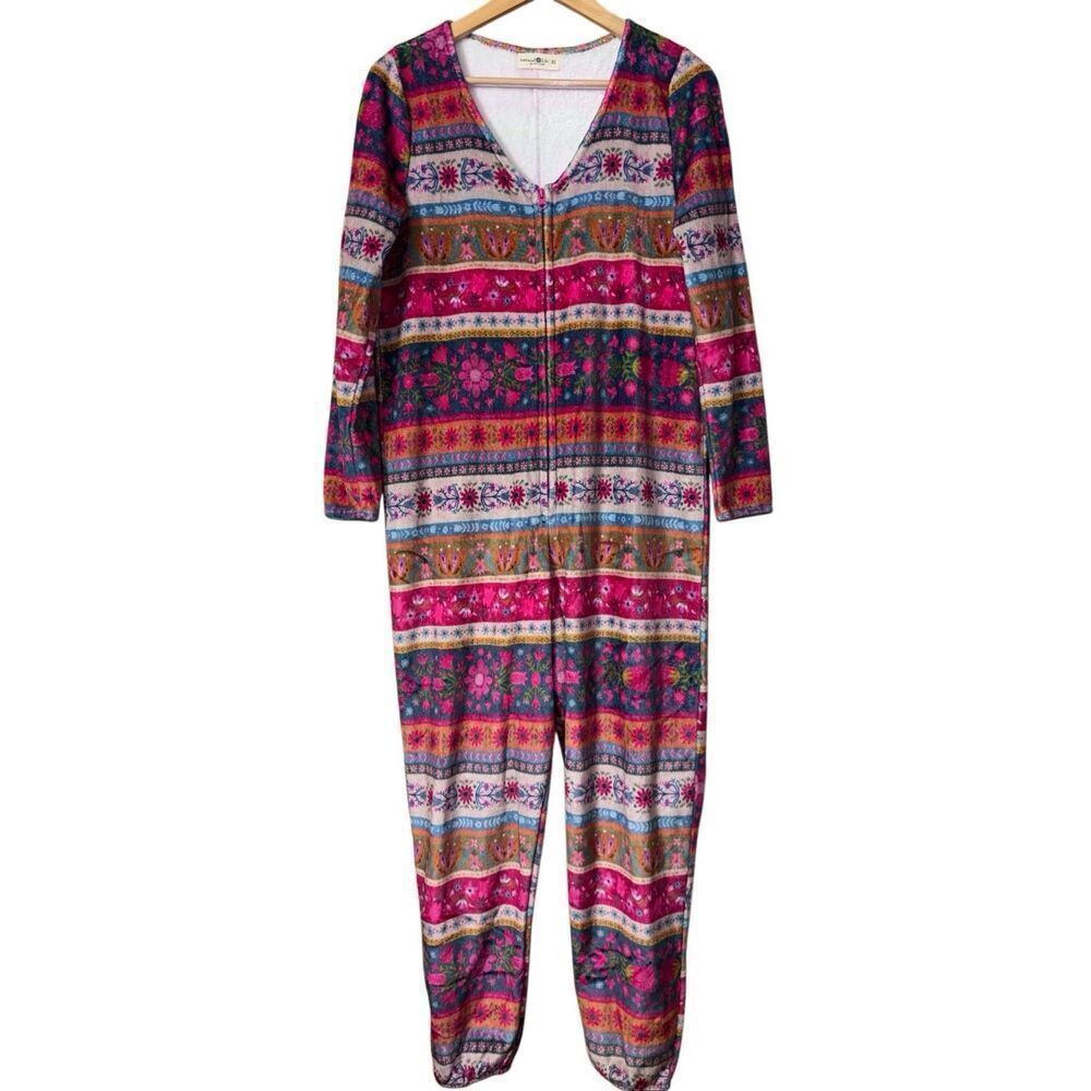 Natural life fleece pajamas one piece jumper oversized floral zip up XS